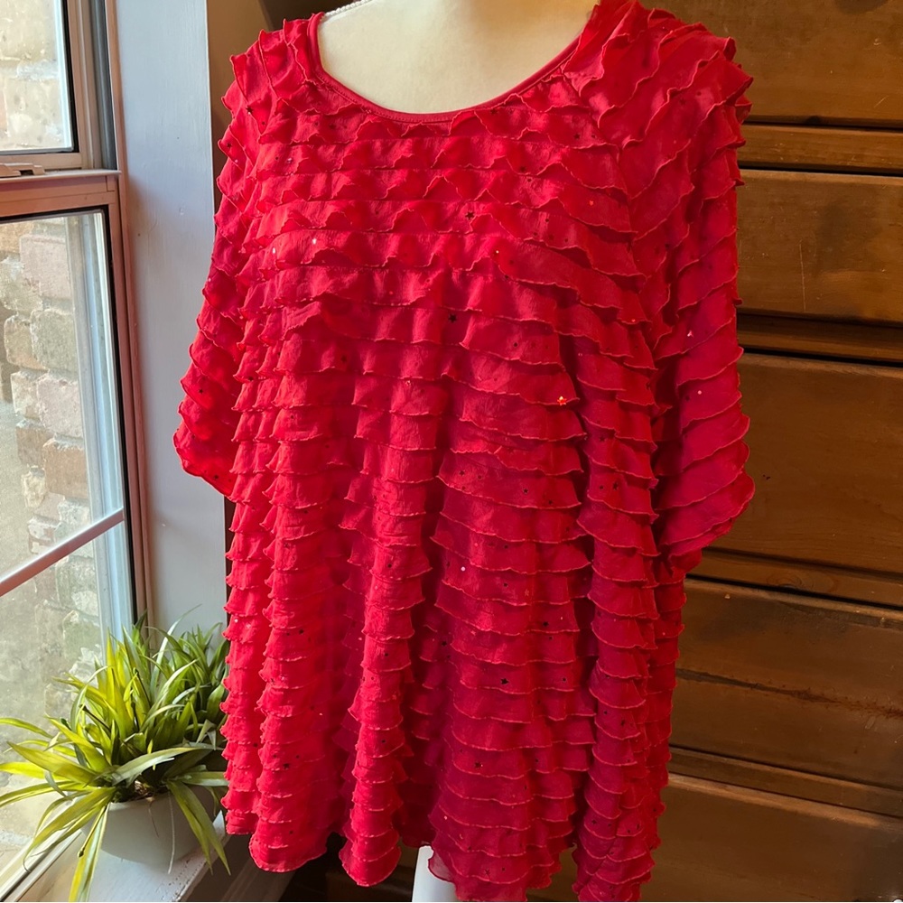 Maggie Barnes for Catherine’s Red Ruffly Blouse Sparkly Sequin Accents Spandex
